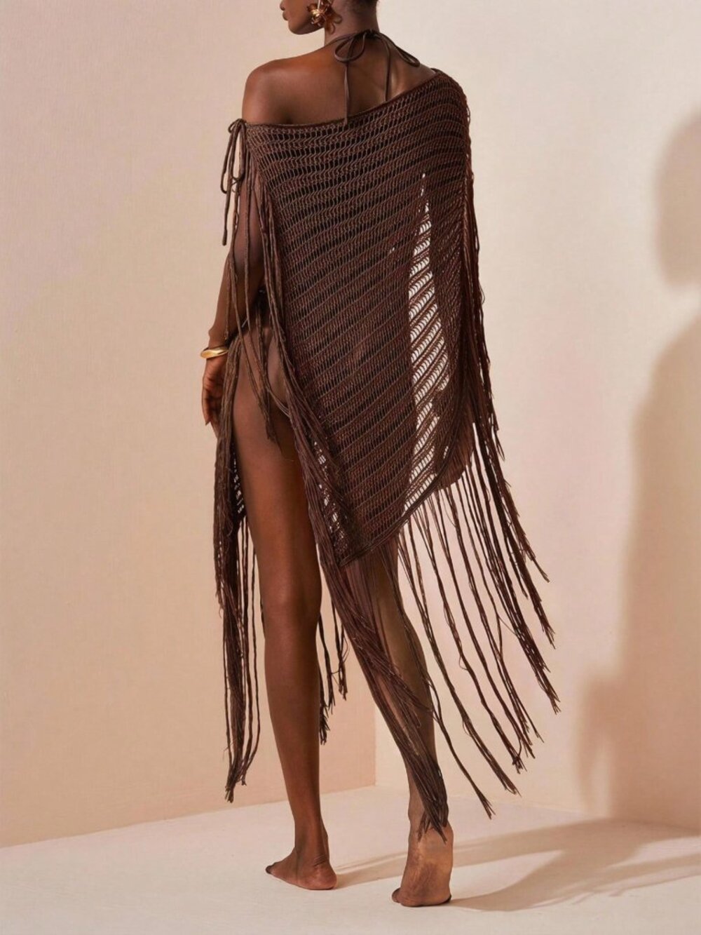Rust Brown Elegant Women's Knit Off-Shoulder Tassel Cover-Up - Picture 7 of 11